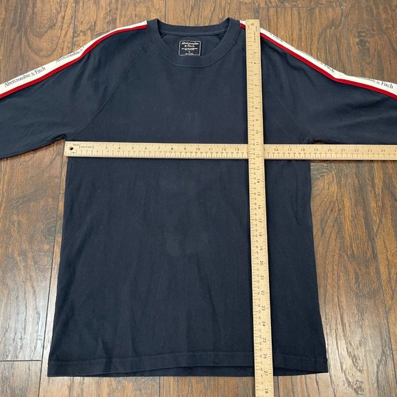 Abercrombie & Fitch Shirt Small Navy Blue Spell-Out Logo Stripe Sleeves Men's - Picture 7 of 12